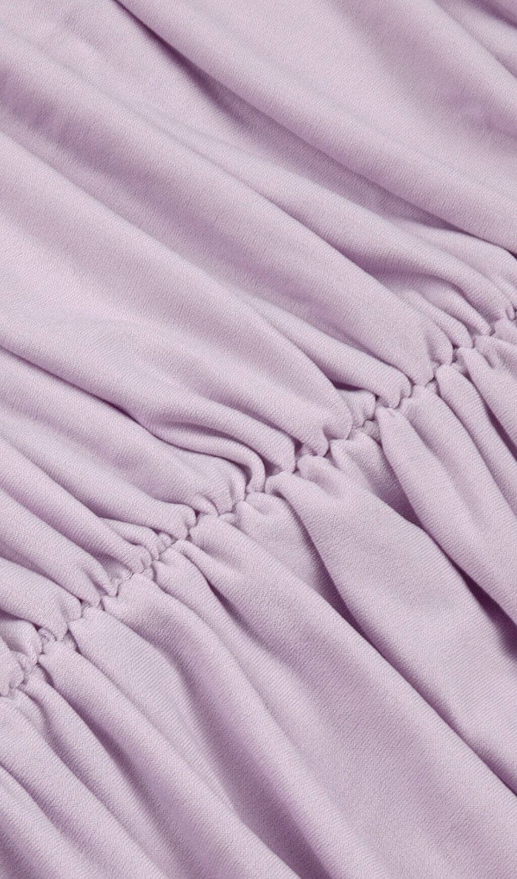 RUCHED OFF-SHOULDER LILAC MINI DRESS