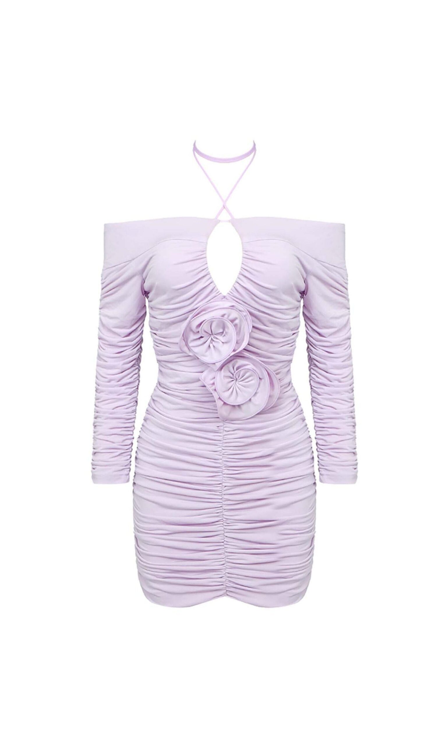 RUCHED OFF-SHOULDER LILAC MINI DRESS