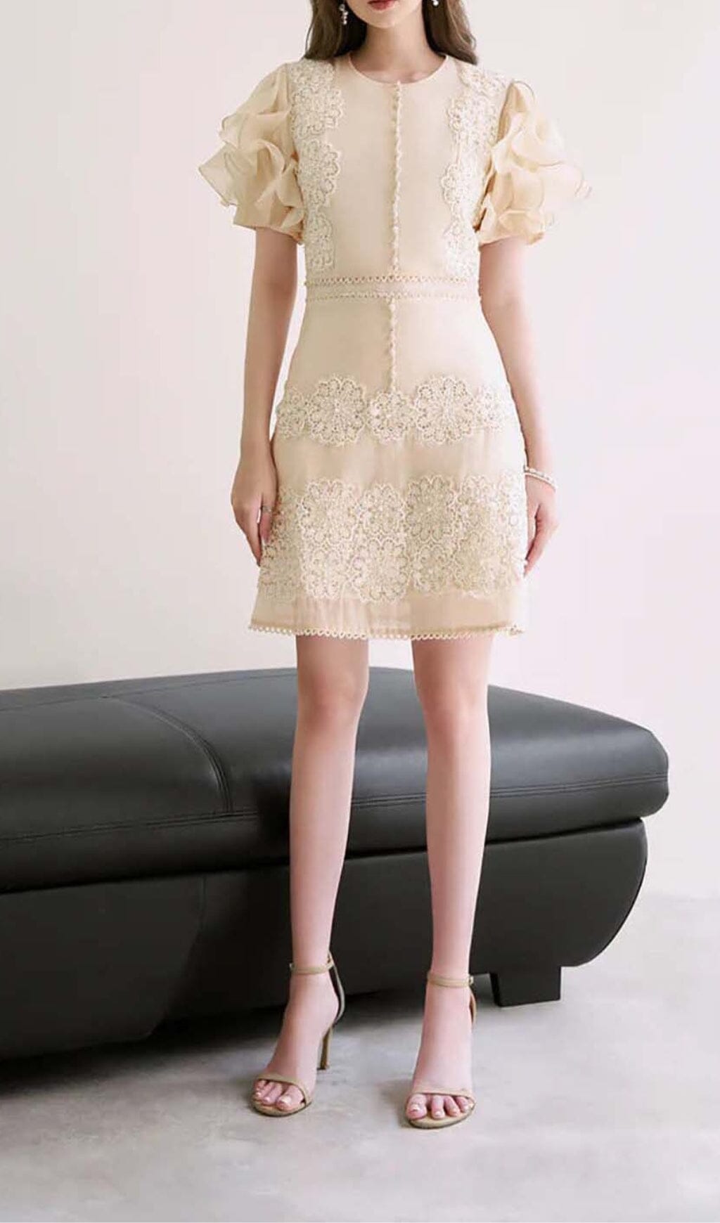 BEIGE RUFFLE BUTTON MIDI DRESS FOR WORK