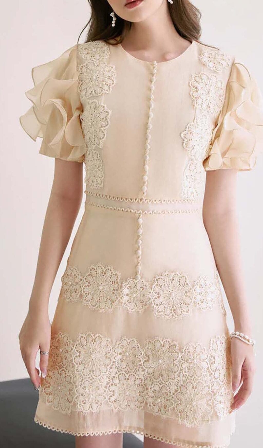 BEIGE RUFFLE BUTTON MIDI DRESS FOR WORK