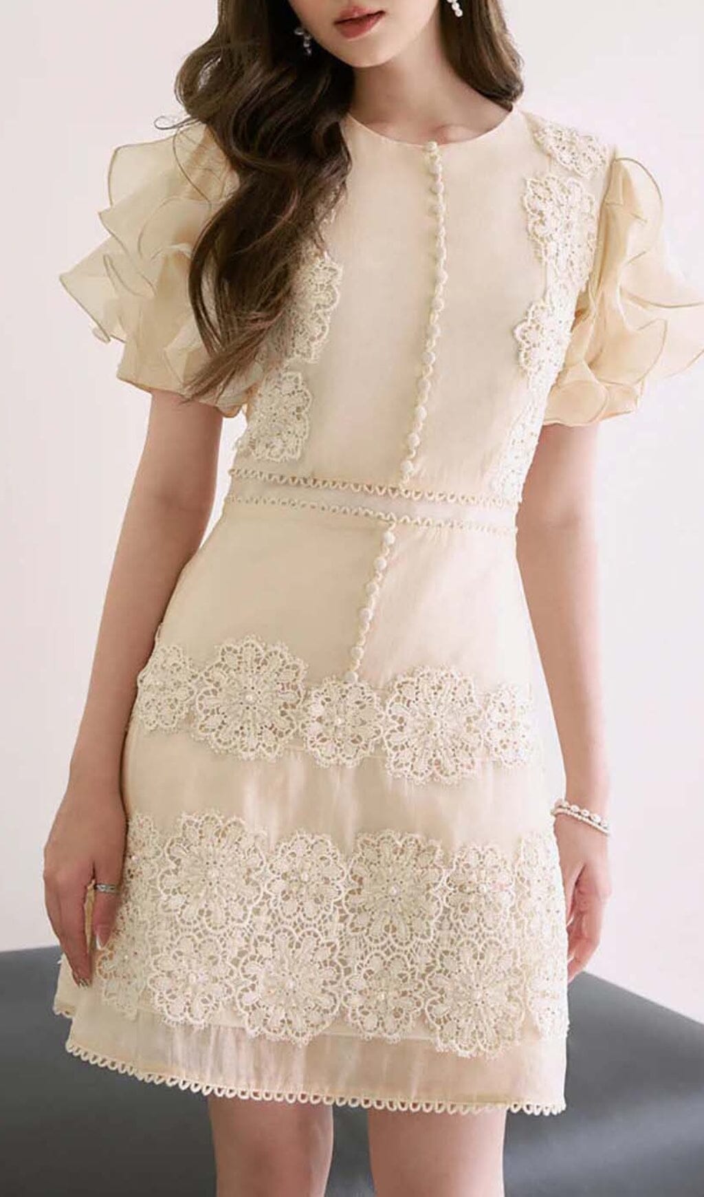 BEIGE RUFFLE BUTTON MIDI DRESS FOR WORK