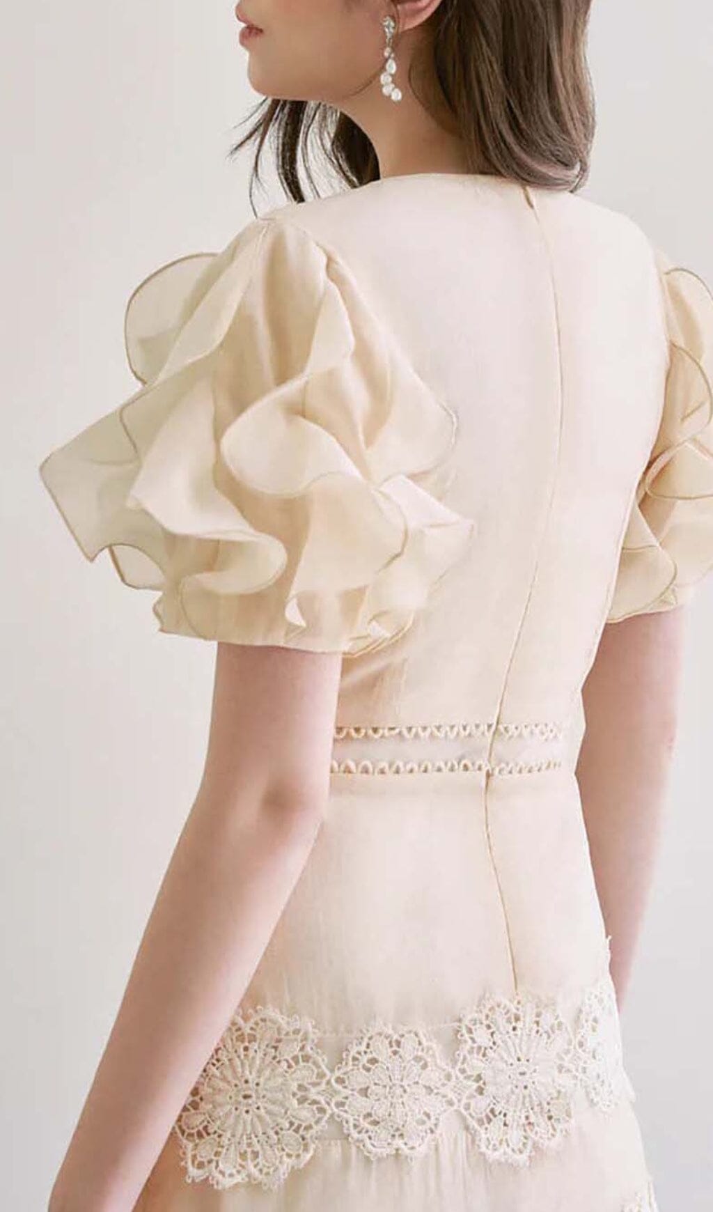 BEIGE RUFFLE BUTTON MIDI DRESS FOR WORK