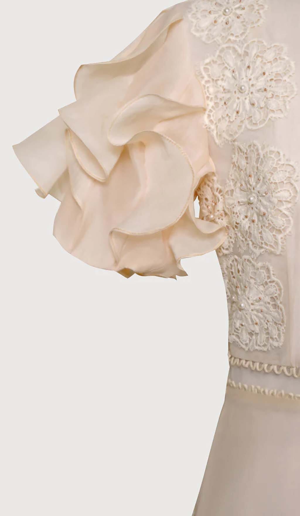 BEIGE RUFFLE BUTTON MIDI DRESS FOR WORK