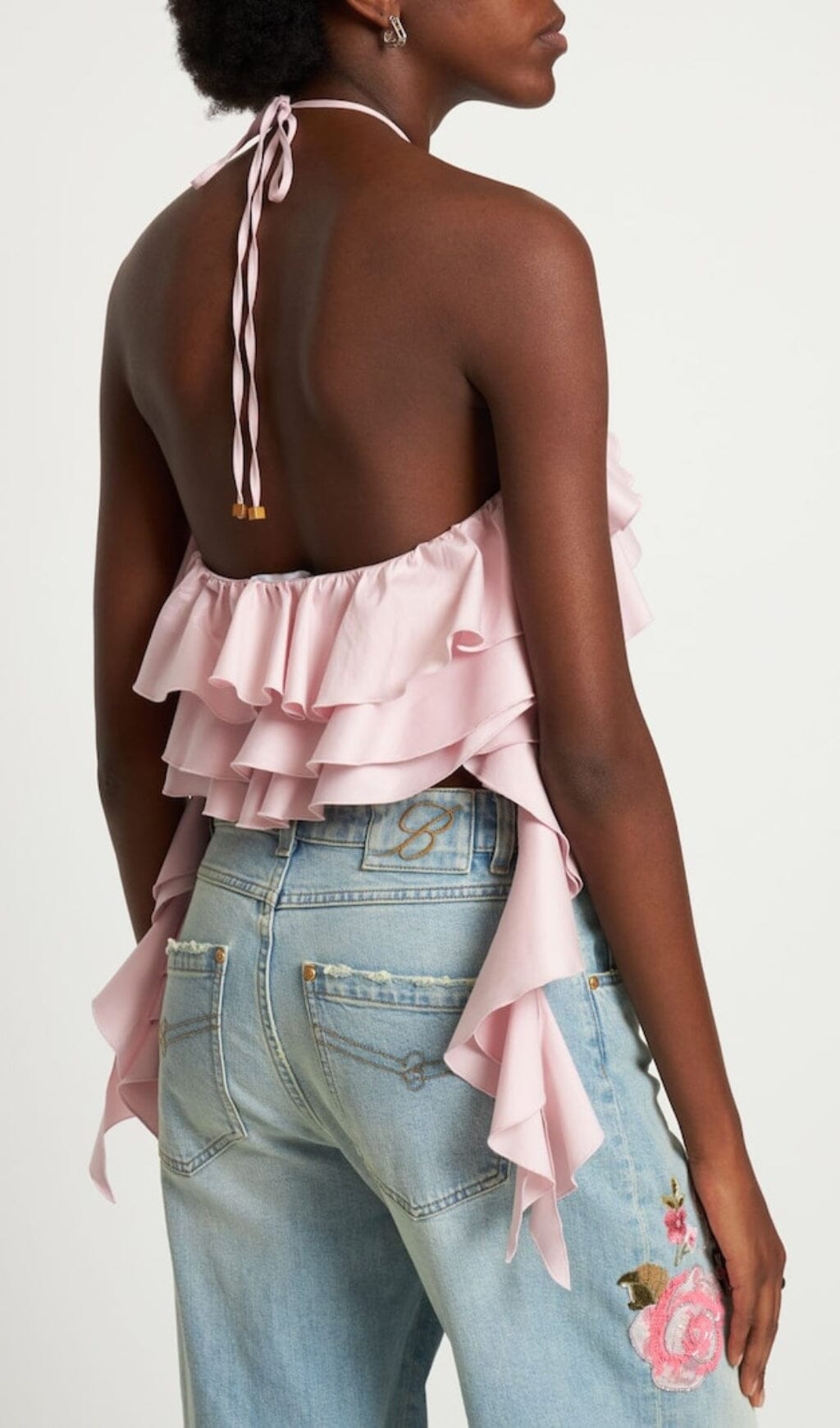 RUFFLE HALTER CROP TOP IN PINK