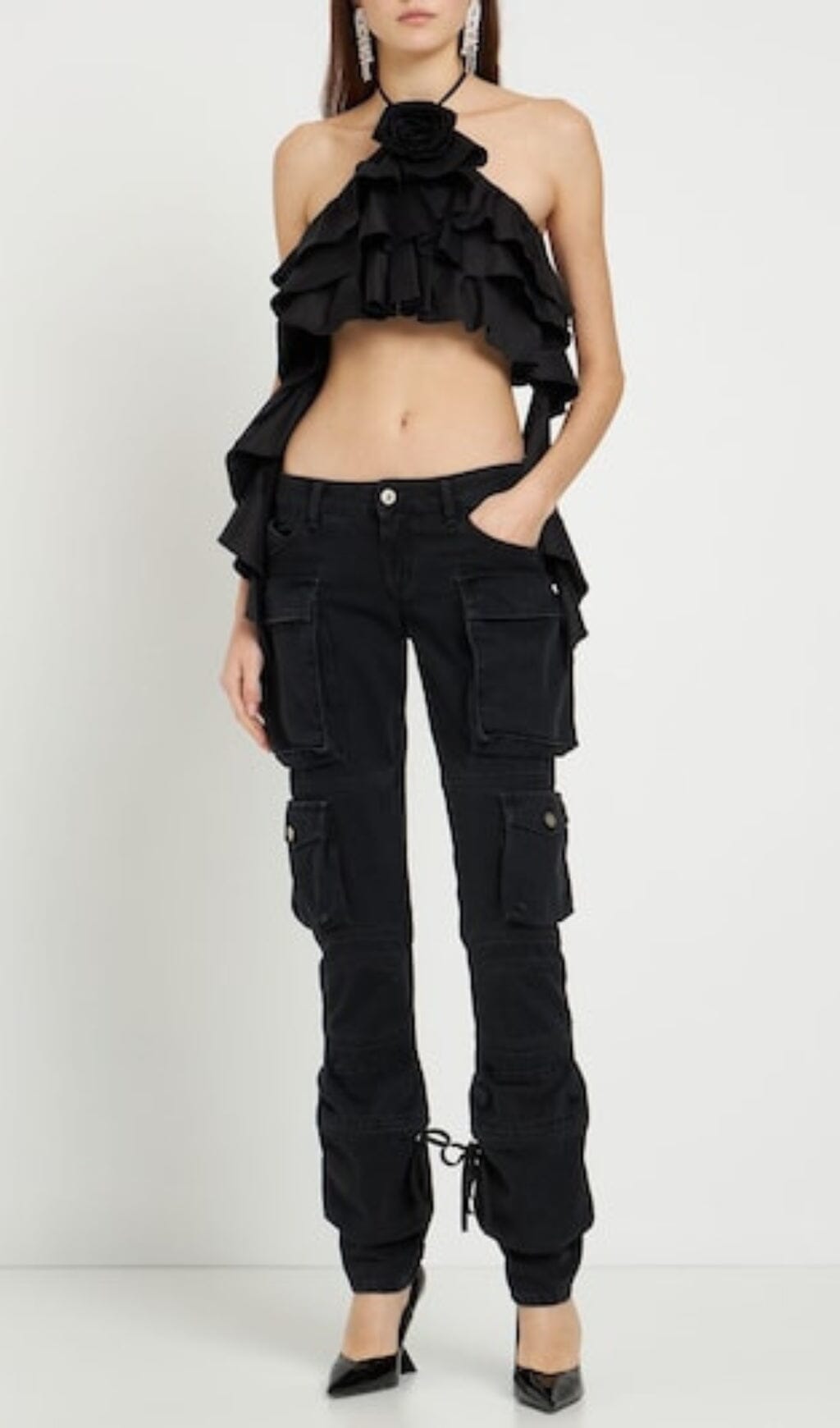 RUFFLE-DETAILHALTERCROPTOP2 RUFFLE HALTER CROP TOP BLACK PARTY WEAR