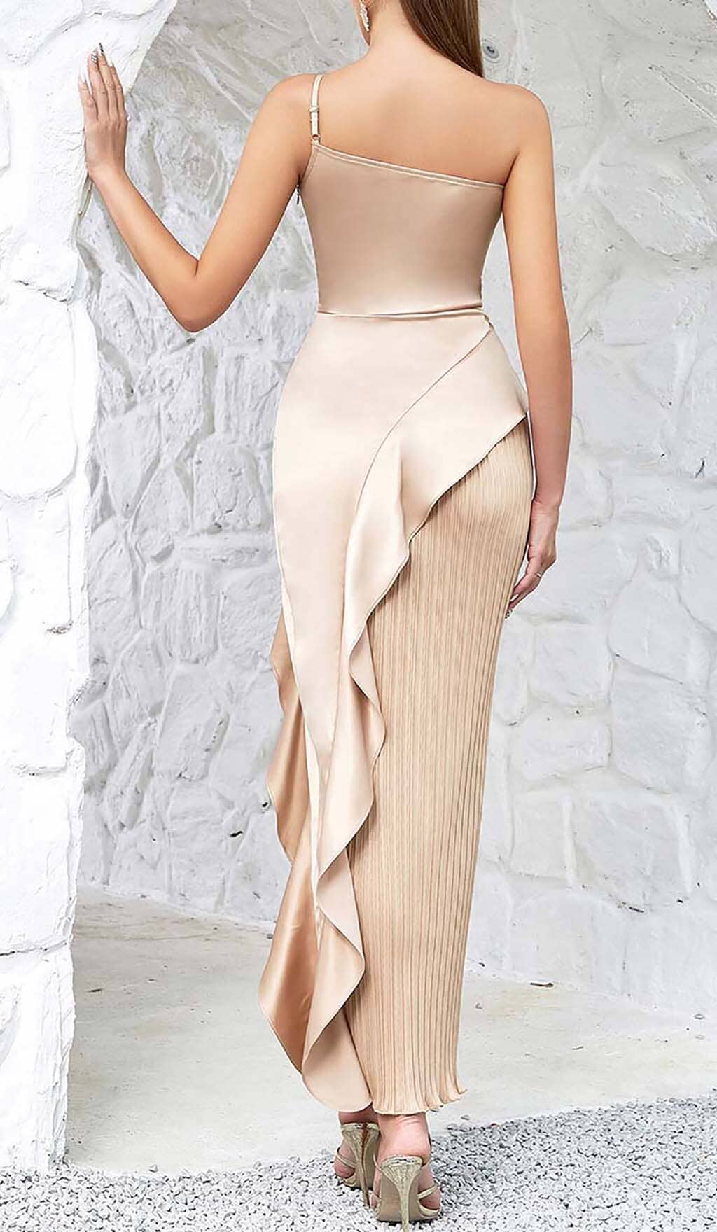RUFFLED KHAKI MAXI DRESS, ELEGANT OCCASION