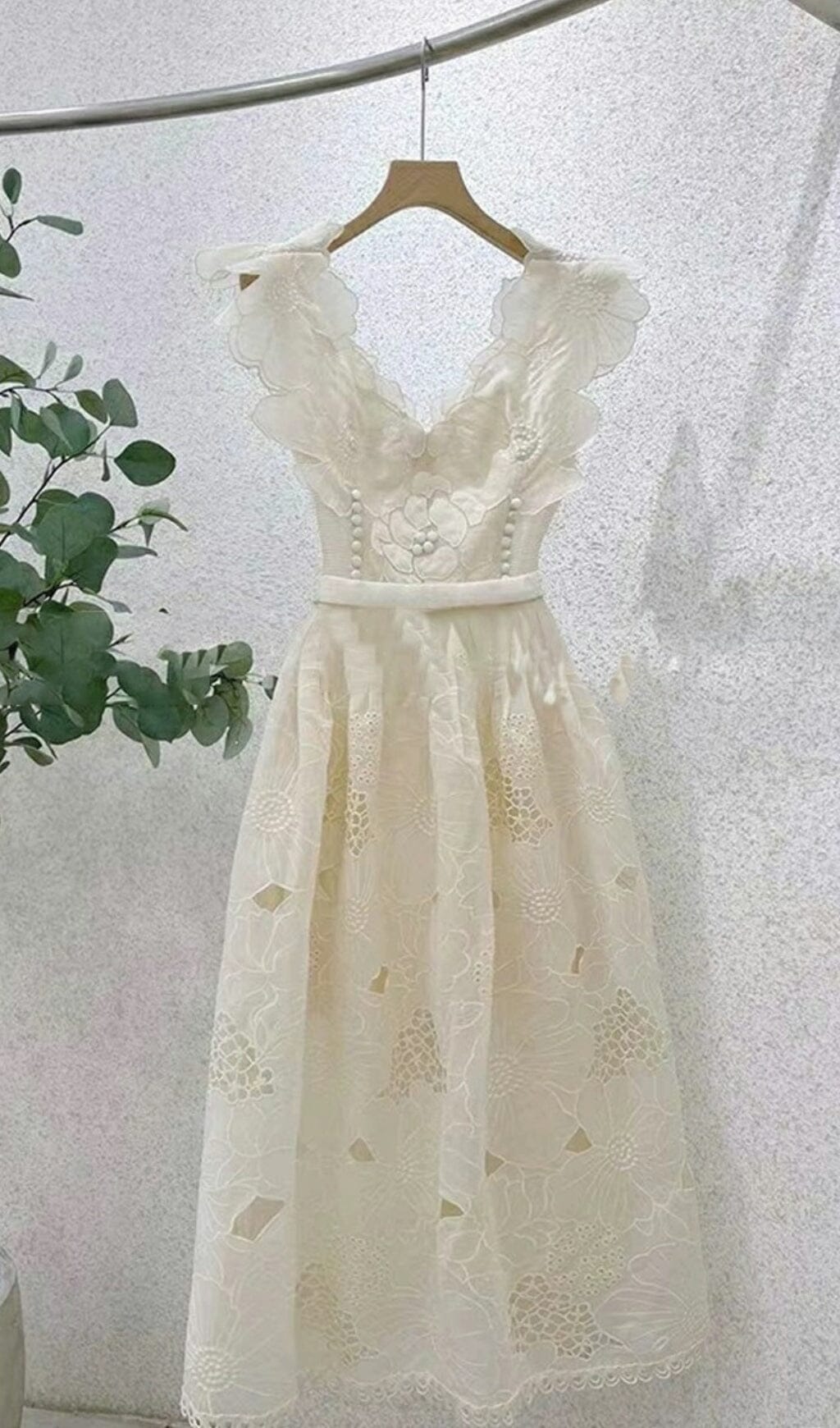 RUFFLED-SLEEVELESS-MIDI-DRESS-IN-BEIGE RUFFLED SLEEVELESS MIDI BEIGE DRESS