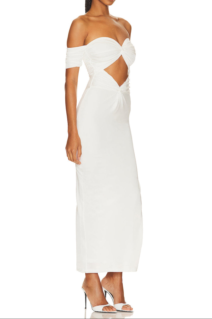 PLEATED OFF-SHOULDER CUTOUT MIDI DRESS WHITE