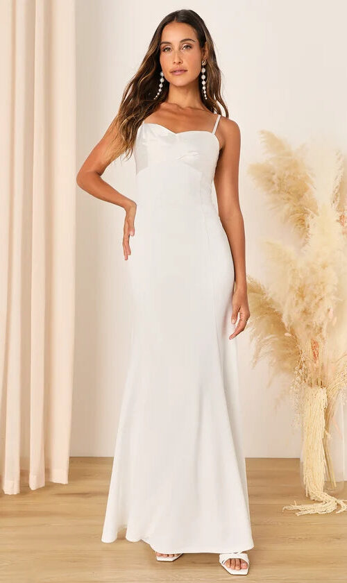 Radiant Promise White Satin Twist-Front Mermaid Maxi Dress Radiant Promise White Satin Twist-Front Mermaid Maxi Dress