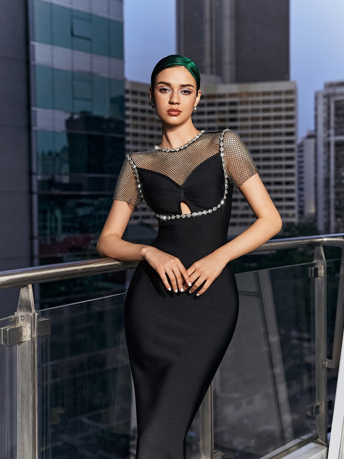 CRYSTAL MESH BANDAGE MIDI DRESS FOR PARTY