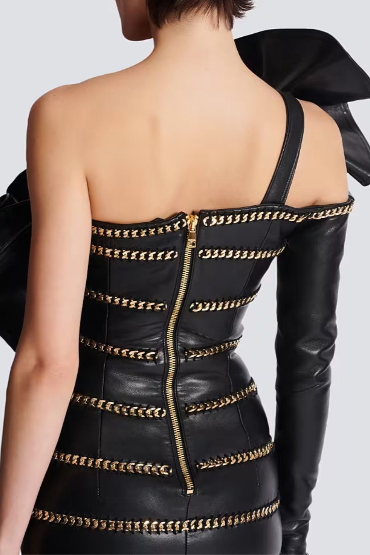 RANTAN ONE-SHOULDER ASYMMETRIC LEATHER RUFFLE MINI DRESS