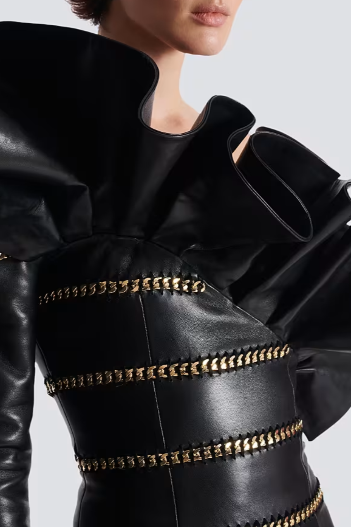 RANTAN ONE-SHOULDER ASYMMETRIC LEATHER RUFFLE MINI DRESS