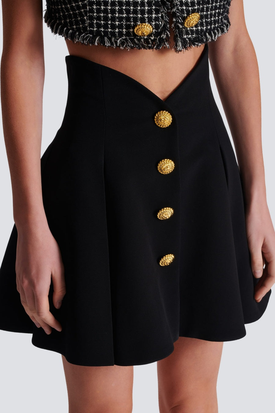 RAYNE GOLD BUTTON MINI SKIRT, PARTY WEAR