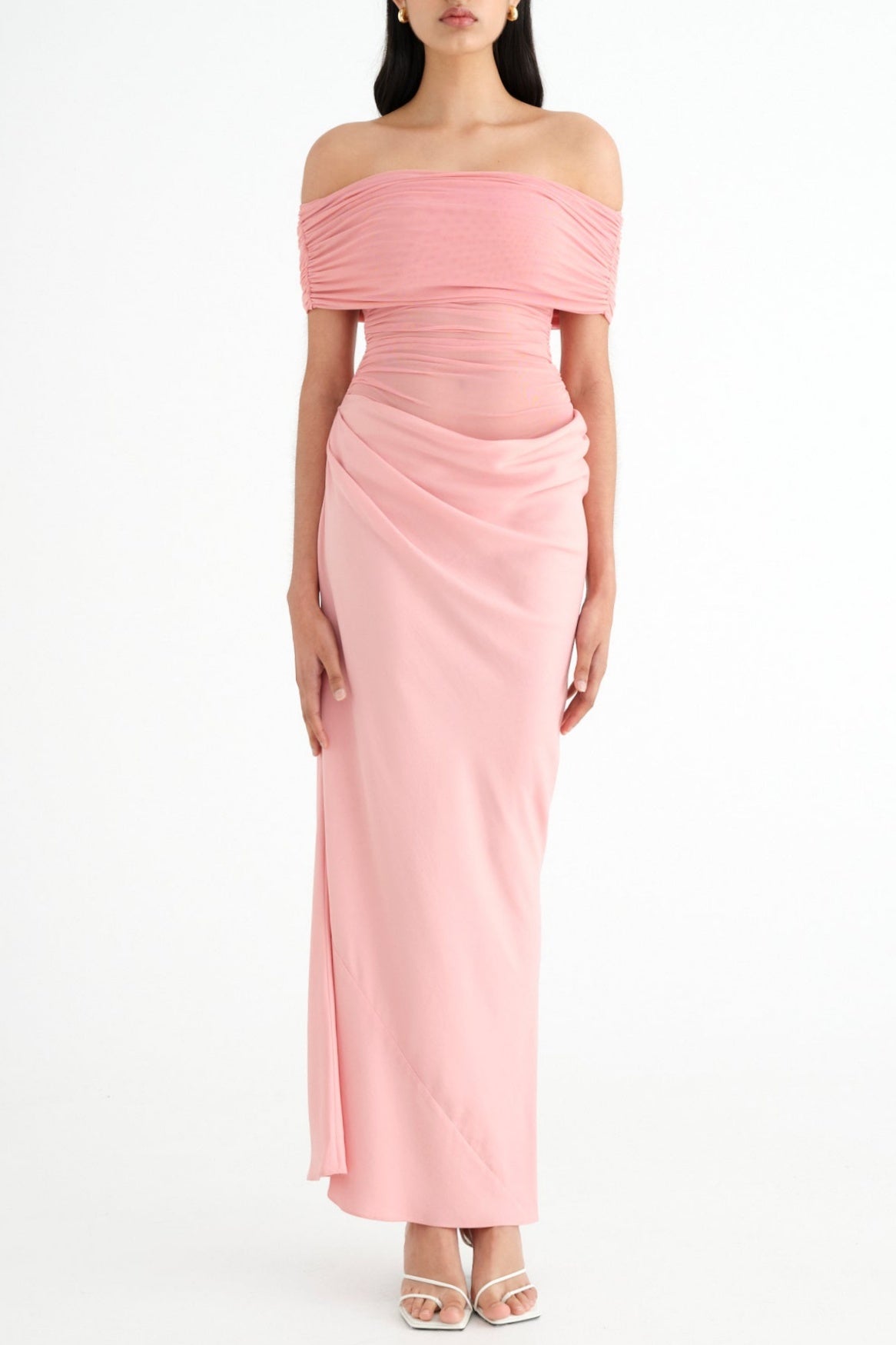 REANKO OFF-SHOULDER RUCHED MESH MAXI DRESS PINK