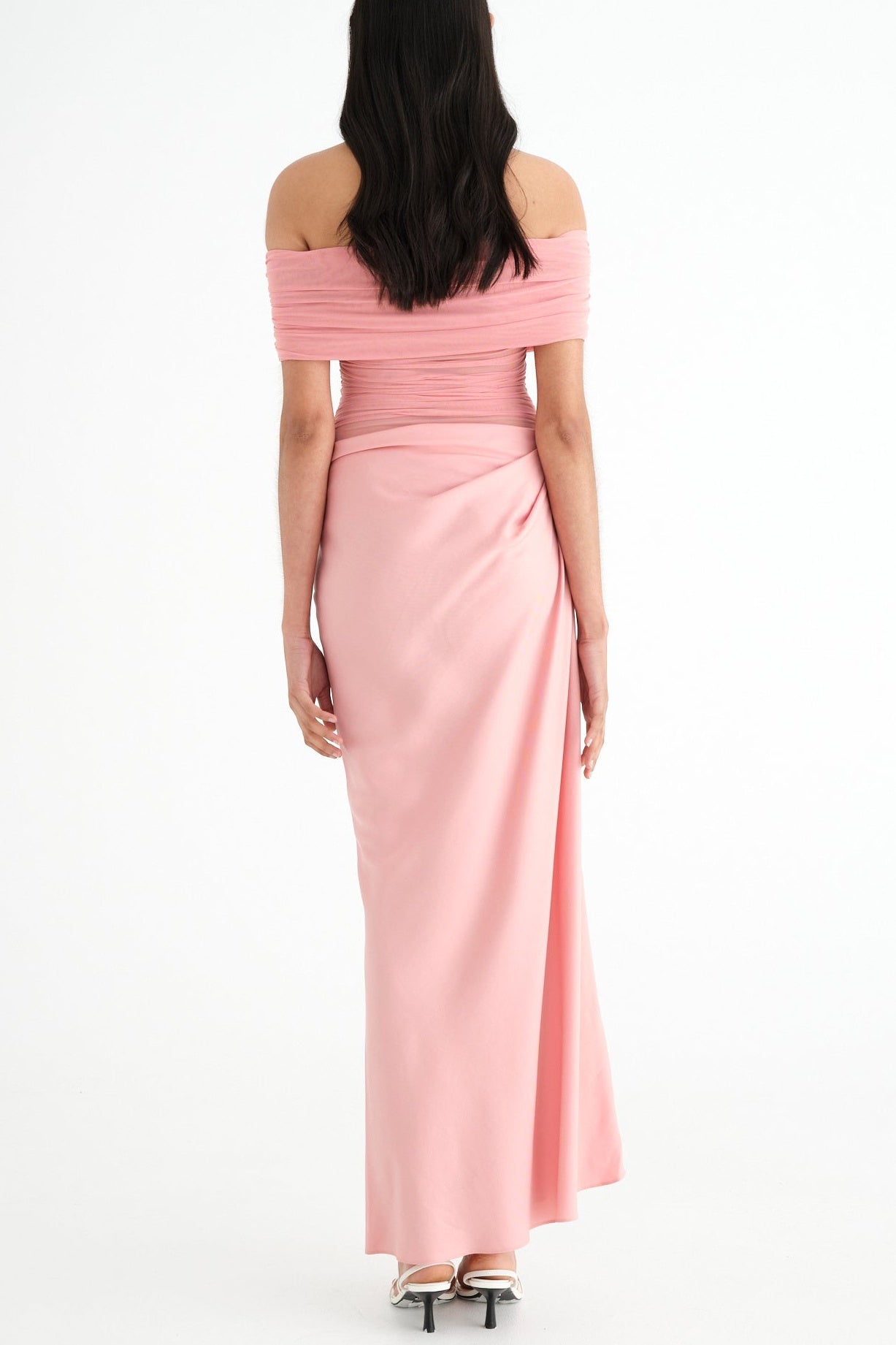 REANKO OFF-SHOULDER RUCHED MESH MAXI DRESS PINK