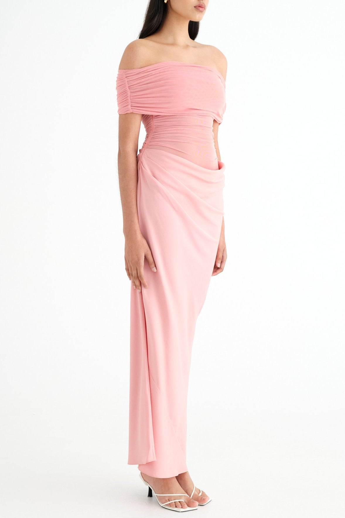 REANKO OFF-SHOULDER RUCHED MESH MAXI DRESS PINK
