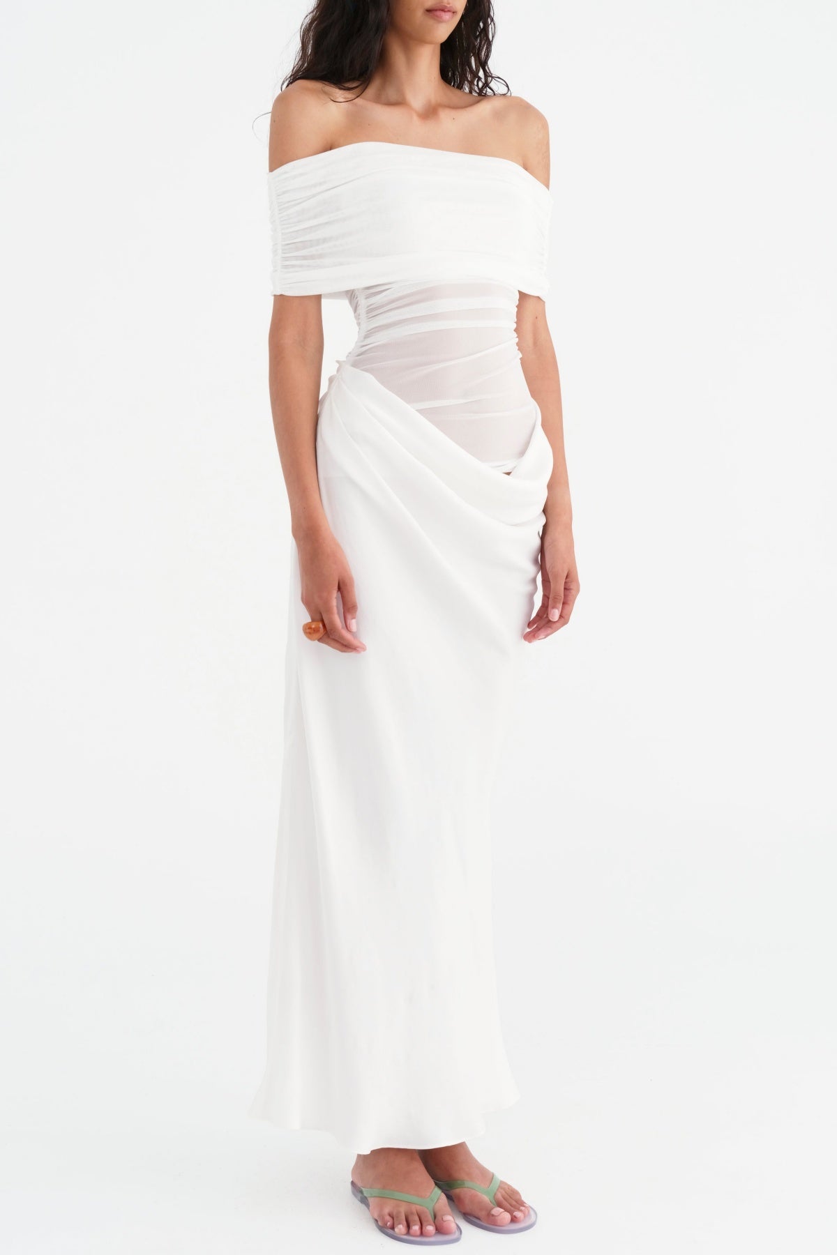 REANKO WHITE OFF-SHOULDER RUCHED MESH MAXI DRESS