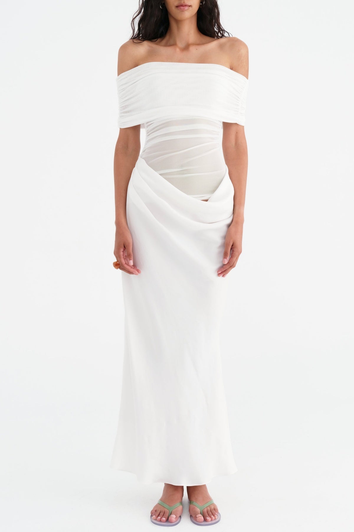 REANKO WHITE OFF-SHOULDER RUCHED MESH MAXI DRESS