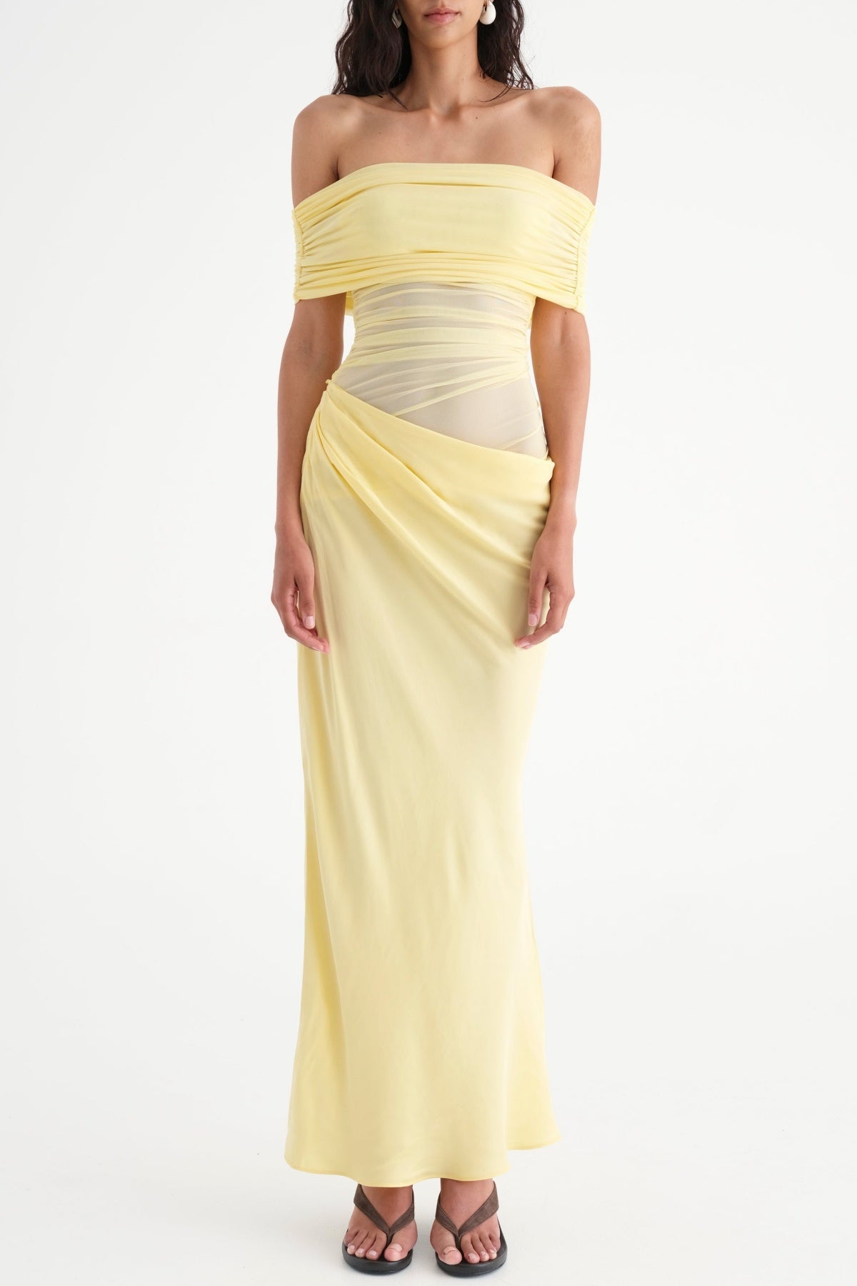 REANKO YELLOW OFF-SHOULDER RUCHED MESH MAXI DRESS