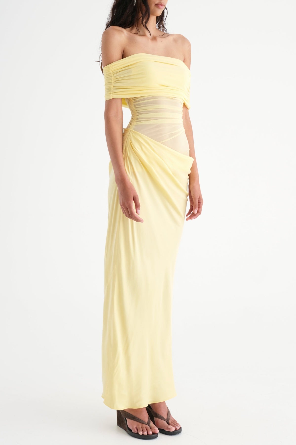 REANKO YELLOW OFF-SHOULDER RUCHED MESH MAXI DRESS