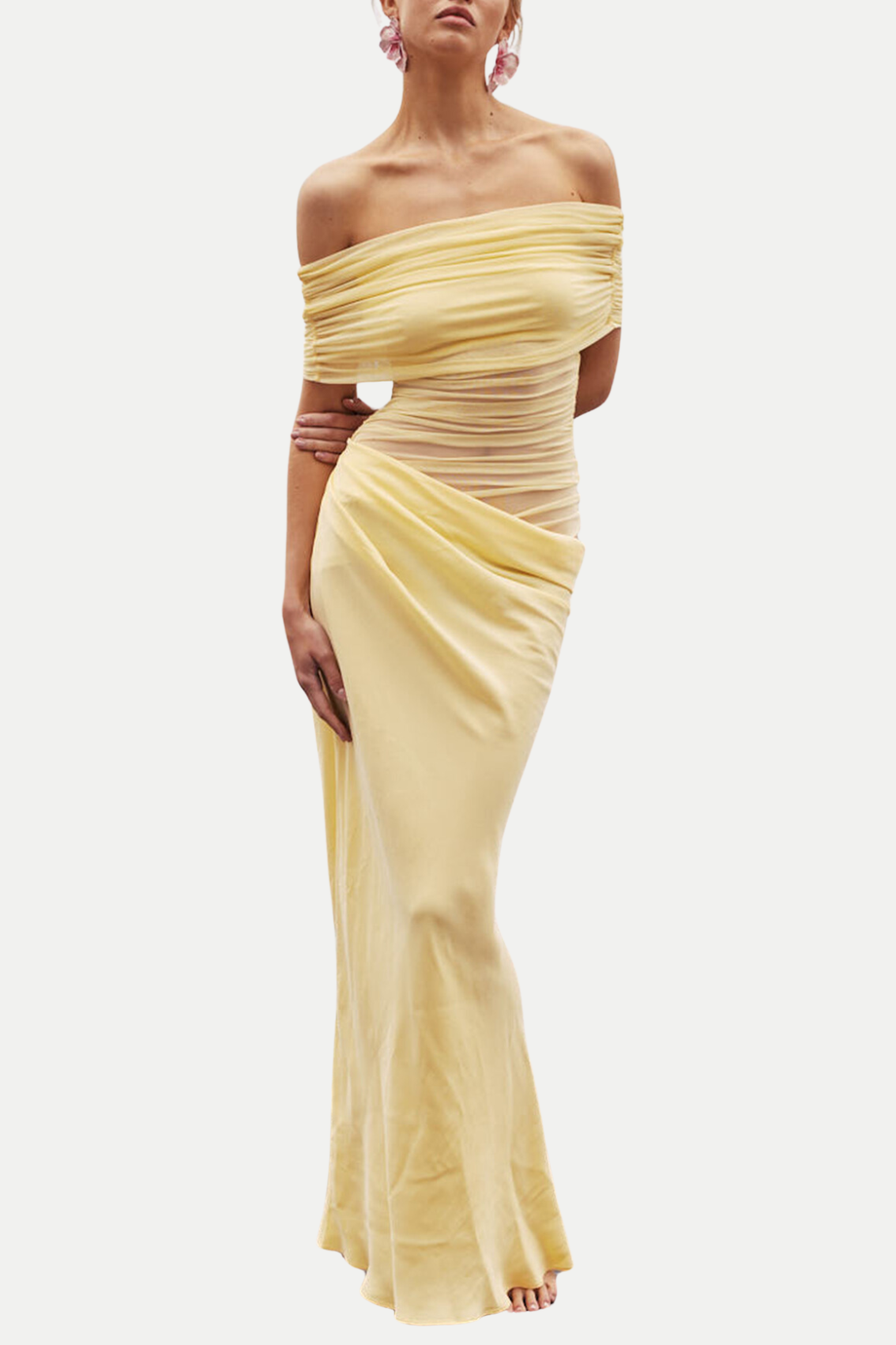 REANKO YELLOW OFF-SHOULDER RUCHED MESH MAXI DRESS
