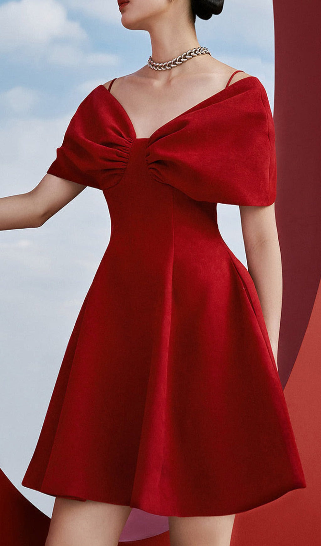 RED OFF-SHOULDER PLEATED A-LINE PARTY DRESS