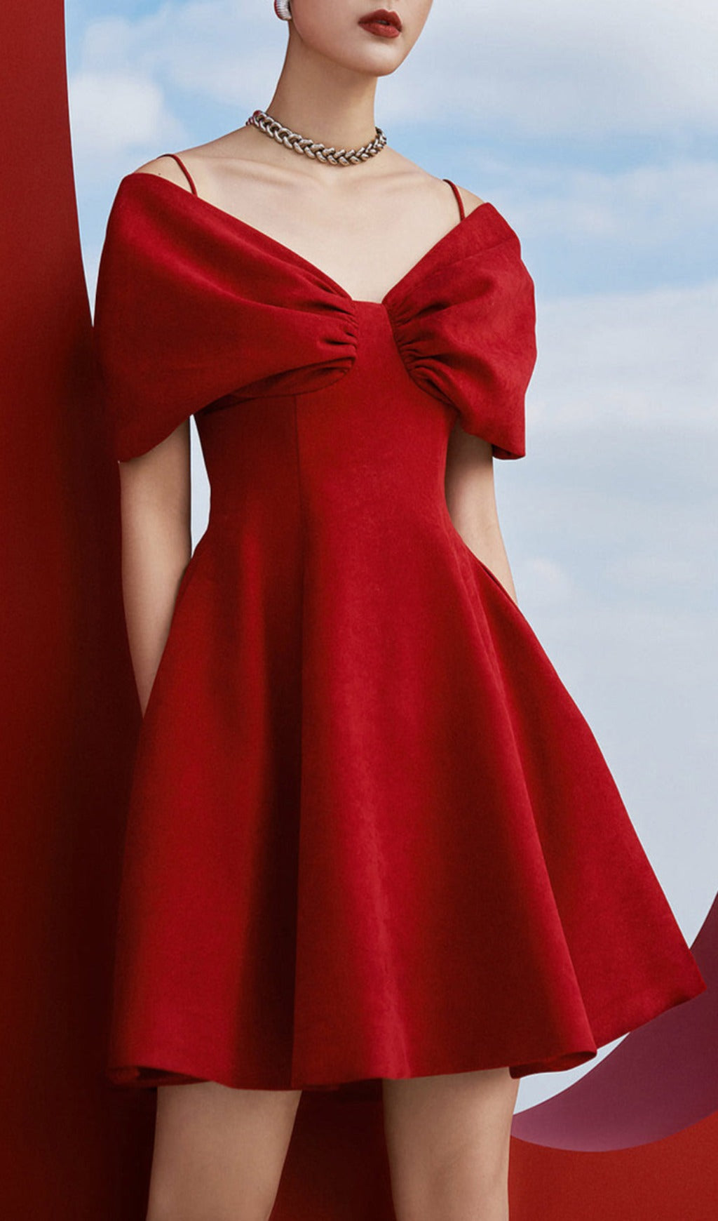 RED OFF-SHOULDER PLEATED A-LINE PARTY DRESS