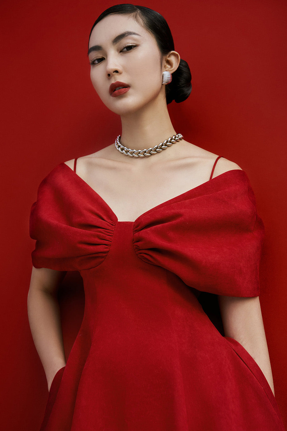 RED OFF-SHOULDER PLEATED A-LINE PARTY DRESS