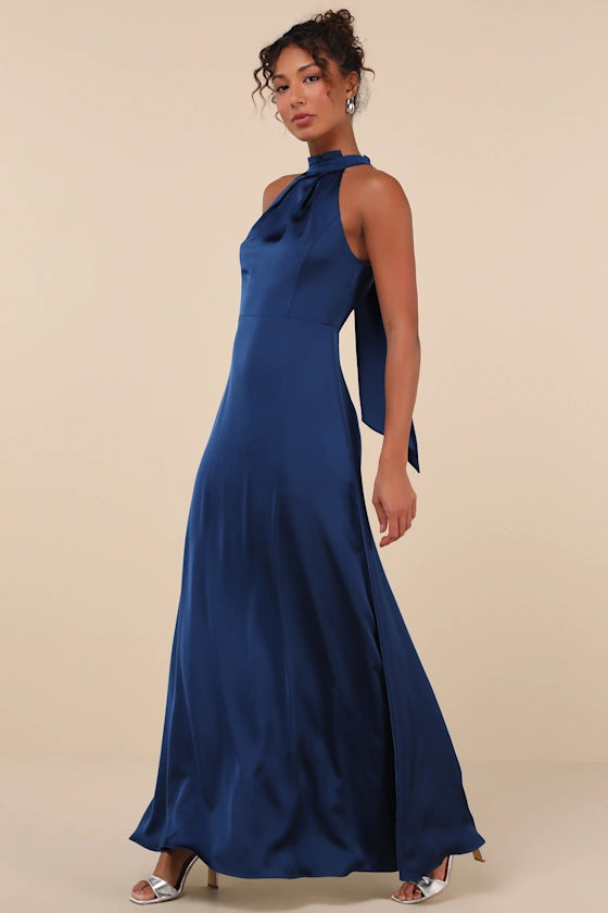 REGAL BLUE SATIN MOCK NECK PLEATED MAXI DRESS