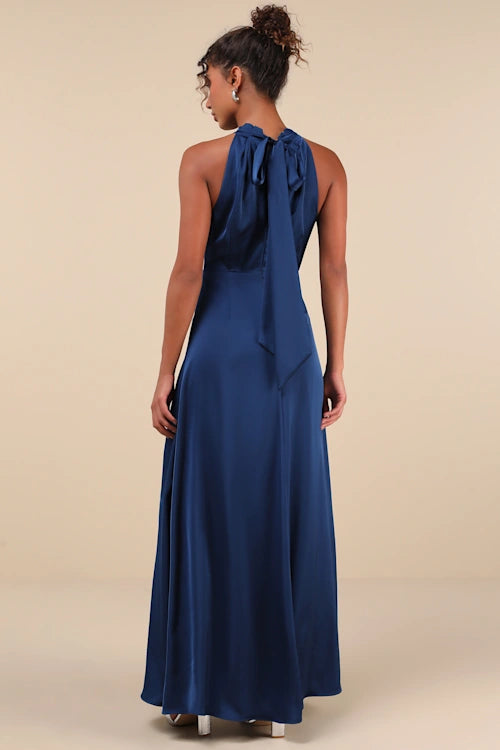 REGAL BLUE SATIN MOCK NECK PLEATED MAXI DRESS