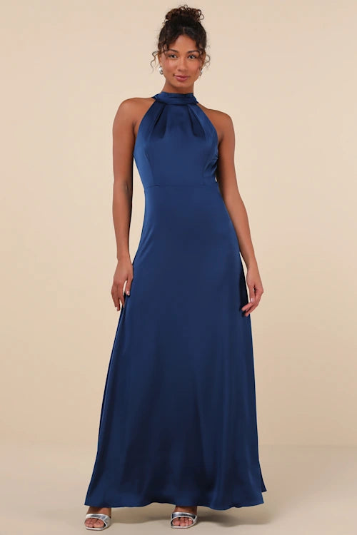 REGAL BLUE SATIN MOCK NECK PLEATED MAXI DRESS