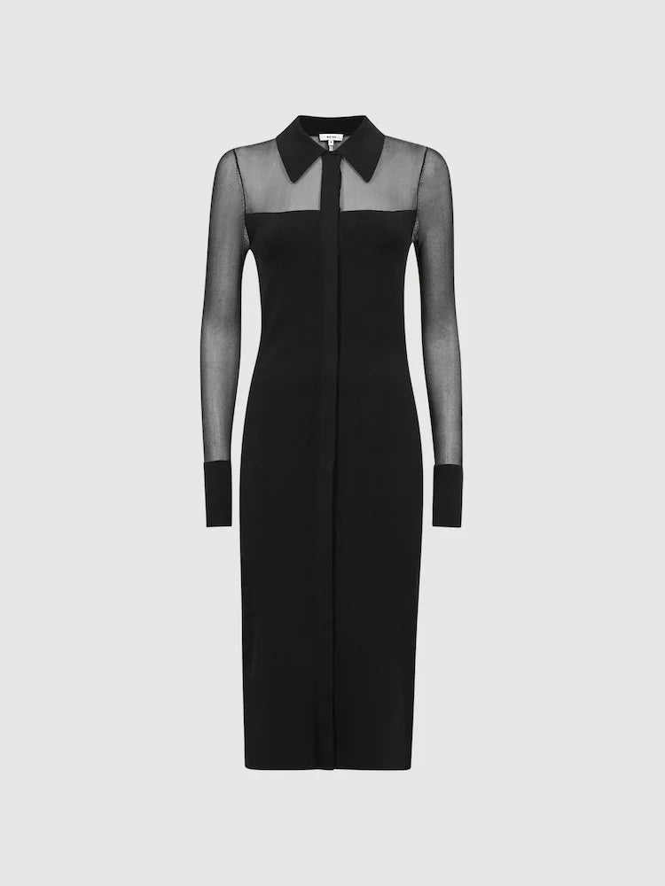 SHEER KNIT BUTTON-THROUGH BLACK MIDI DRESS