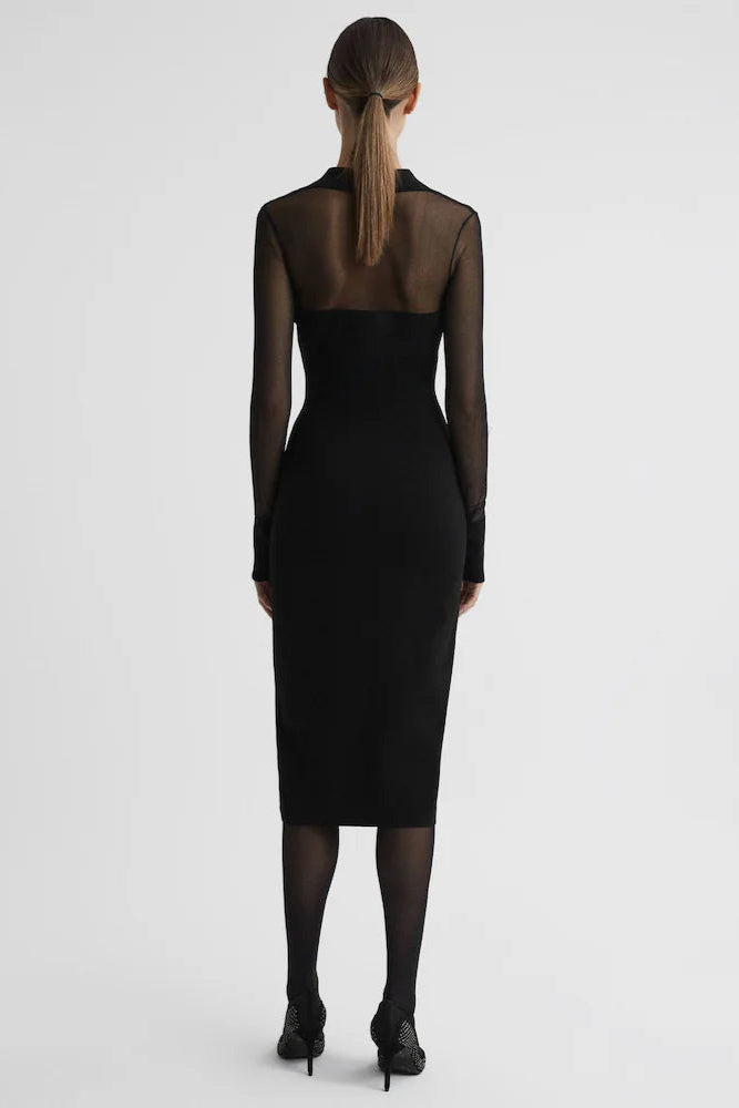 SHEER KNIT BUTTON-THROUGH BLACK MIDI DRESS