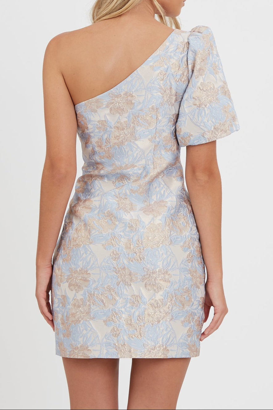 ONE-SHOULDER JACQUARD MINI DRESS, BLUE-MULTI, COCKTAIL