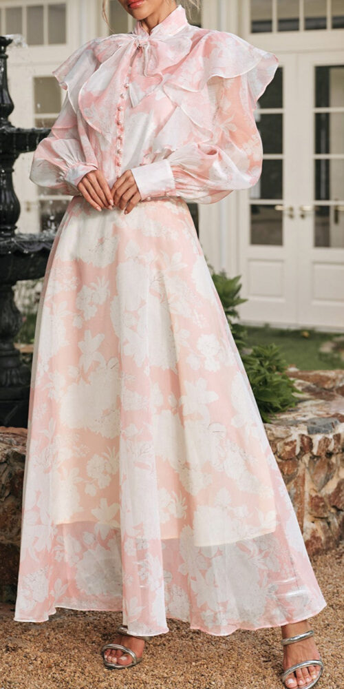 amanda High Neck Floral Organza Blouse maxi skirt set in pink