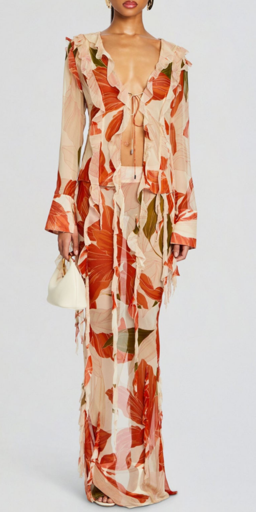 Rolana Floral Print Ruffle Blouse & Maxi Skirt Set