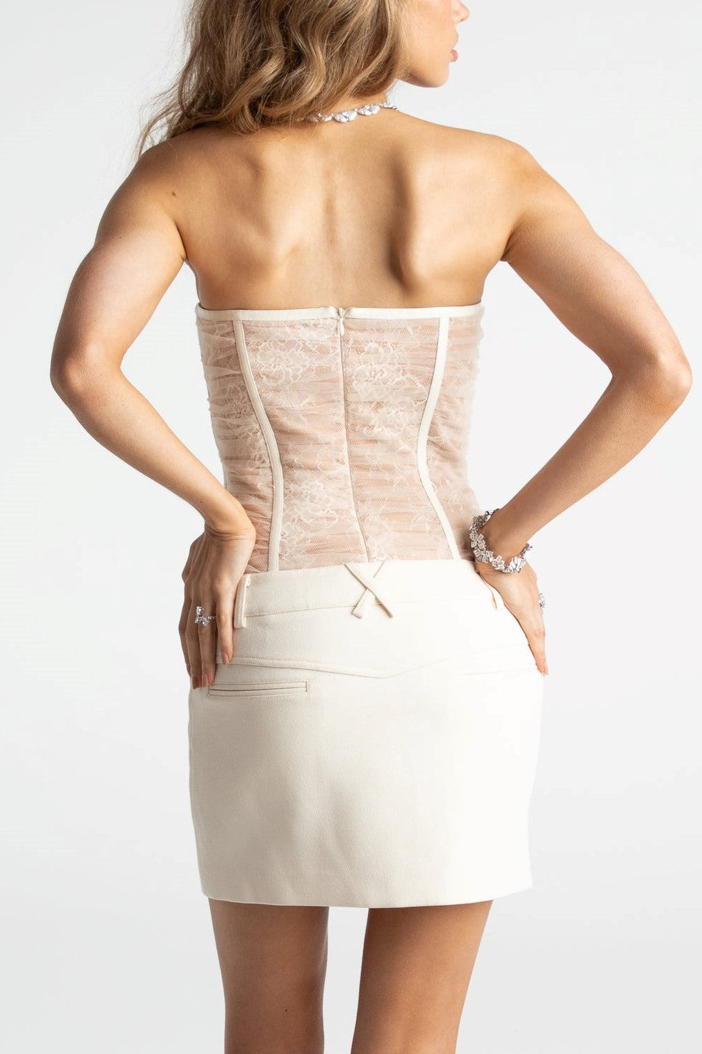 ROLYN RUCHED MESH STRAPLESS WHITE MINI