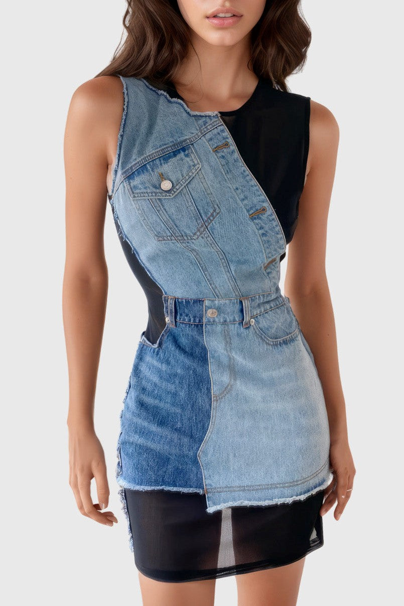 RORY PATCHWORK DENIM MINI DRESS FOR PARTIES