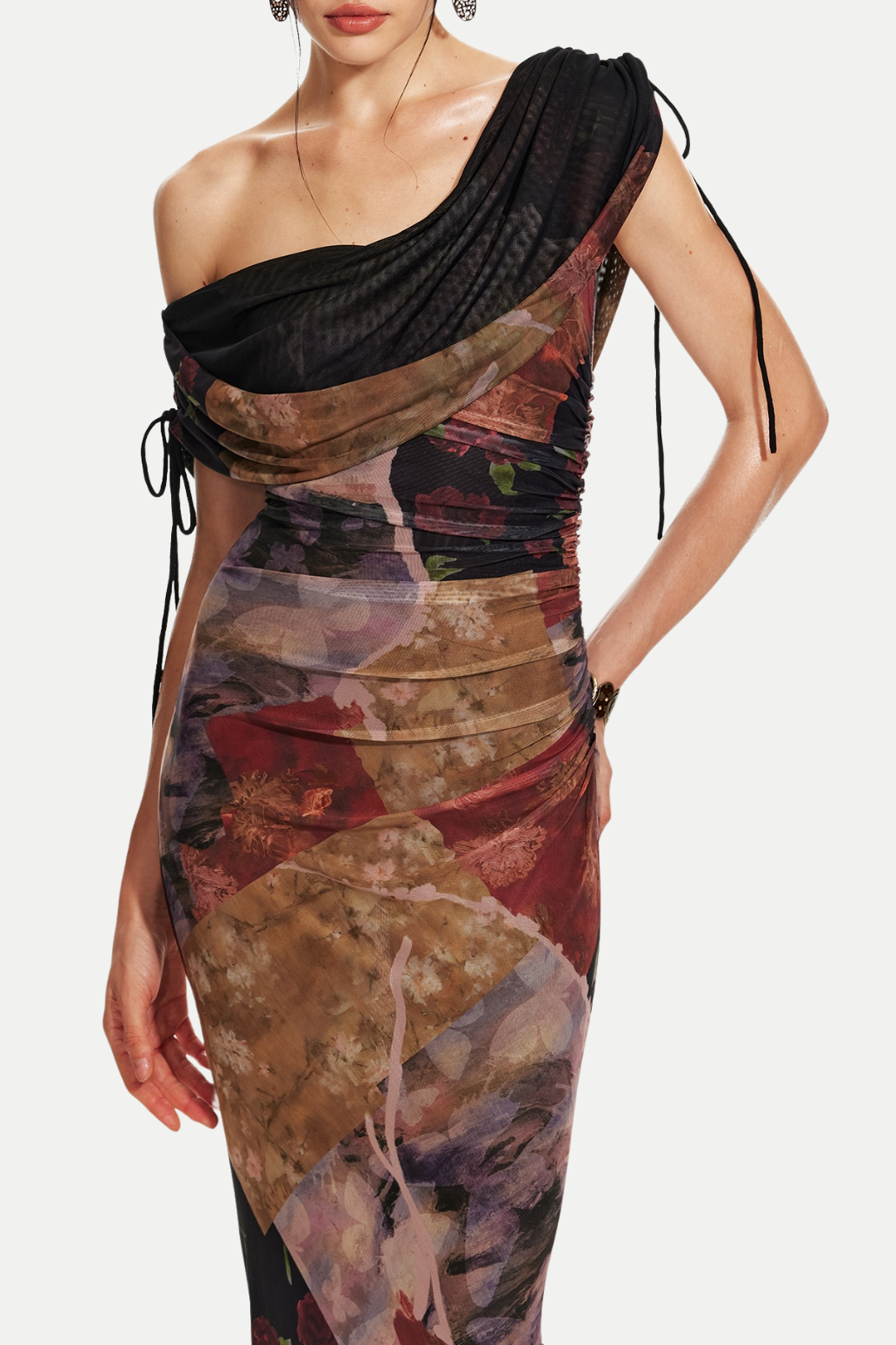 ROSALA MESH OFF-SHOULDER MAXI DRESS, PRINT