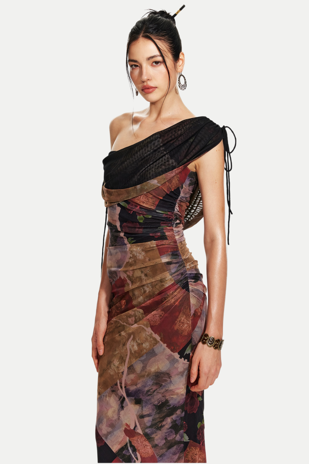 ROSALA MESH OFF-SHOULDER MAXI DRESS, PRINT