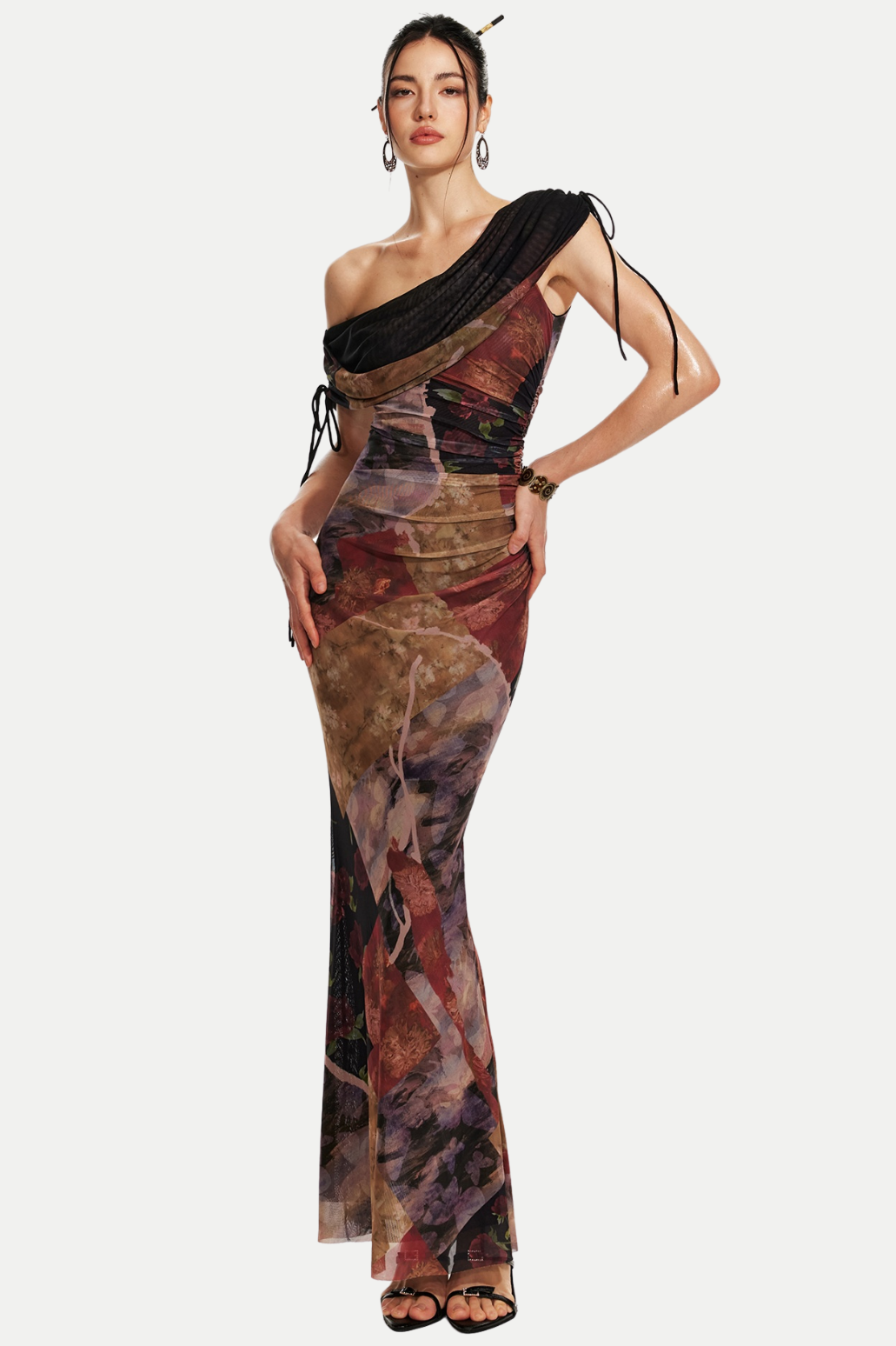 ROSALA MESH OFF-SHOULDER MAXI DRESS, PRINT