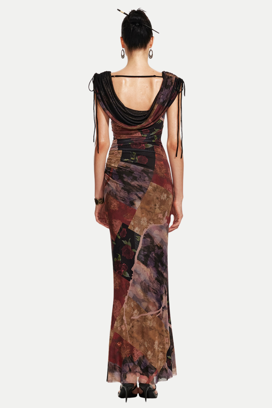 ROSALA MESH OFF-SHOULDER MAXI DRESS, PRINT