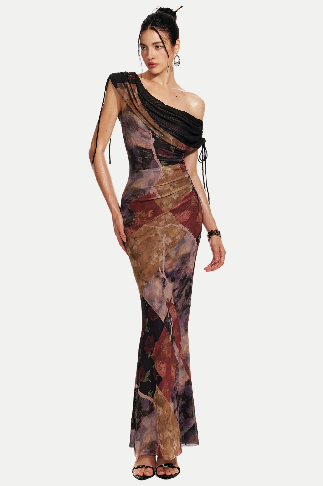 ROSALA MESH OFF-SHOULDER MAXI DRESS, PRINT