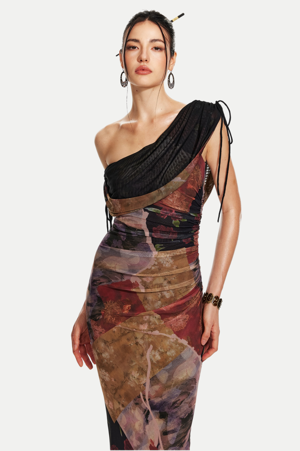 ROSALA MESH OFF-SHOULDER MAXI DRESS, PRINT