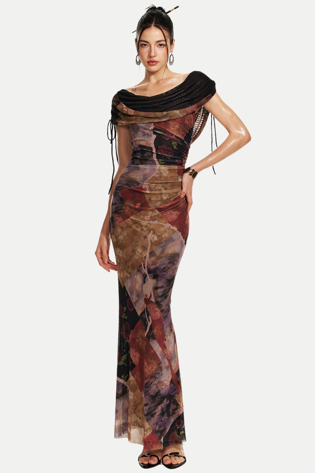 ROSALA MESH OFF-SHOULDER MAXI DRESS, PRINT