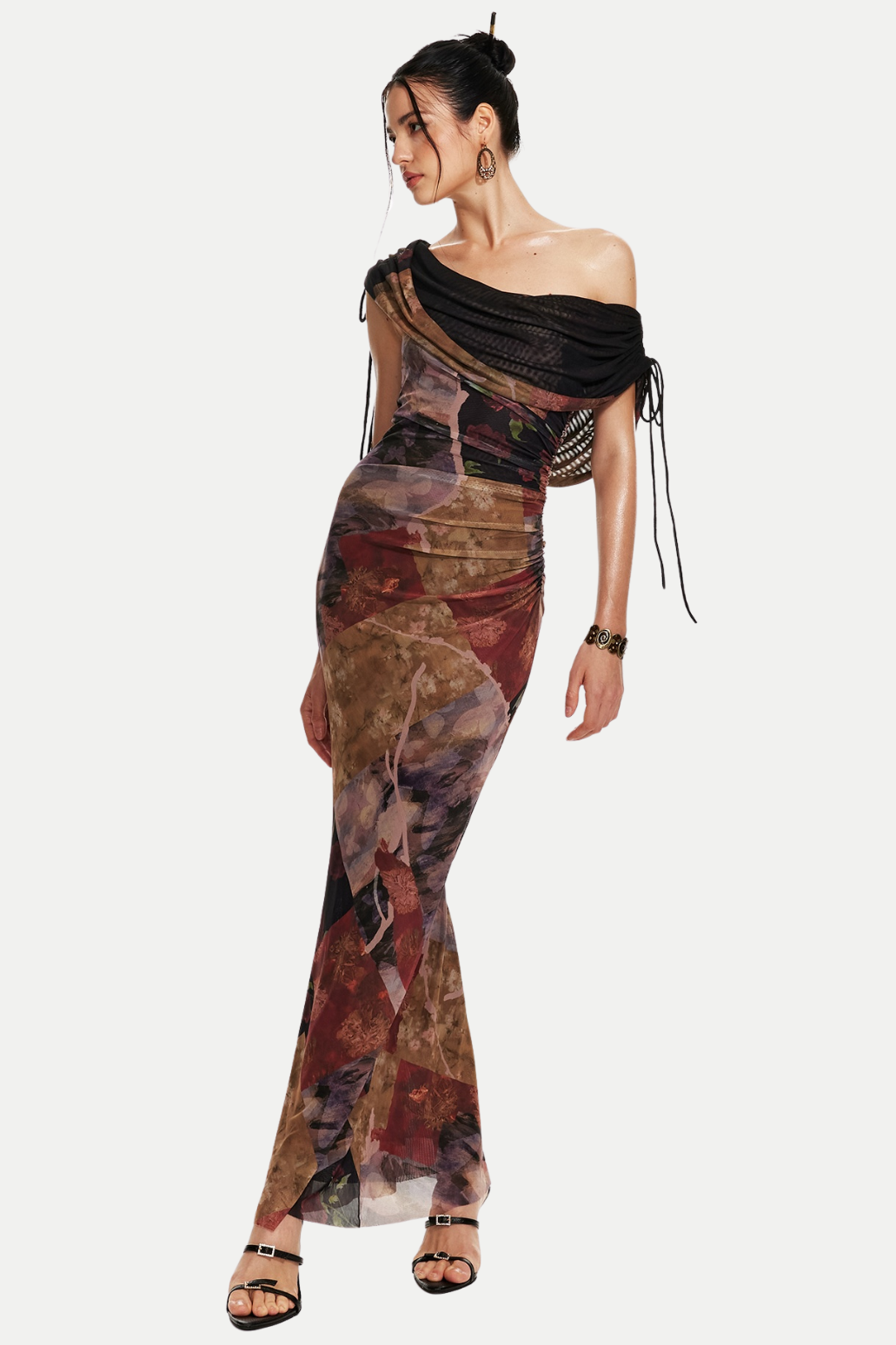 ROSALA MESH OFF-SHOULDER MAXI DRESS, PRINT