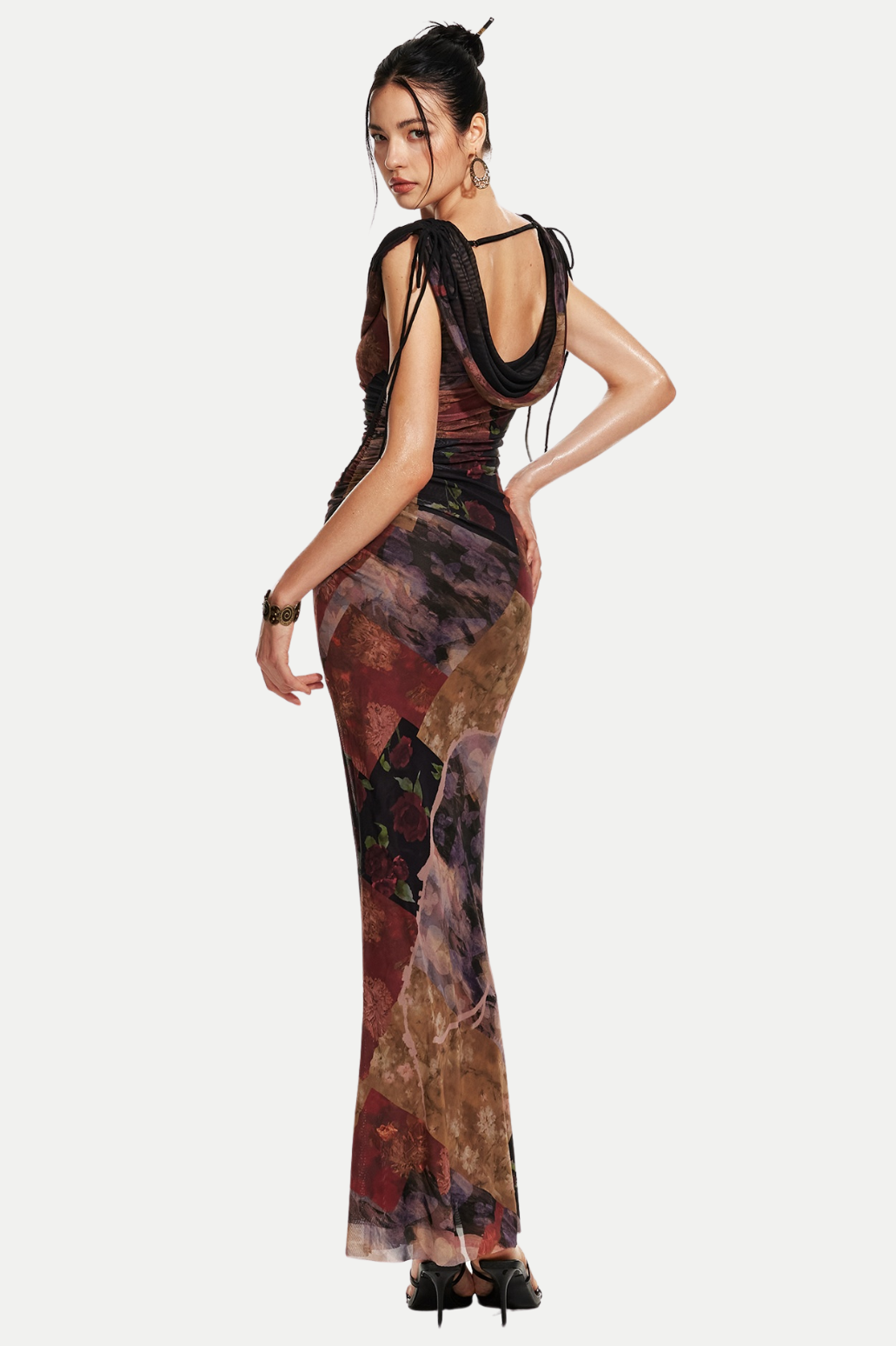 ROSALA MESH OFF-SHOULDER MAXI DRESS, PRINT