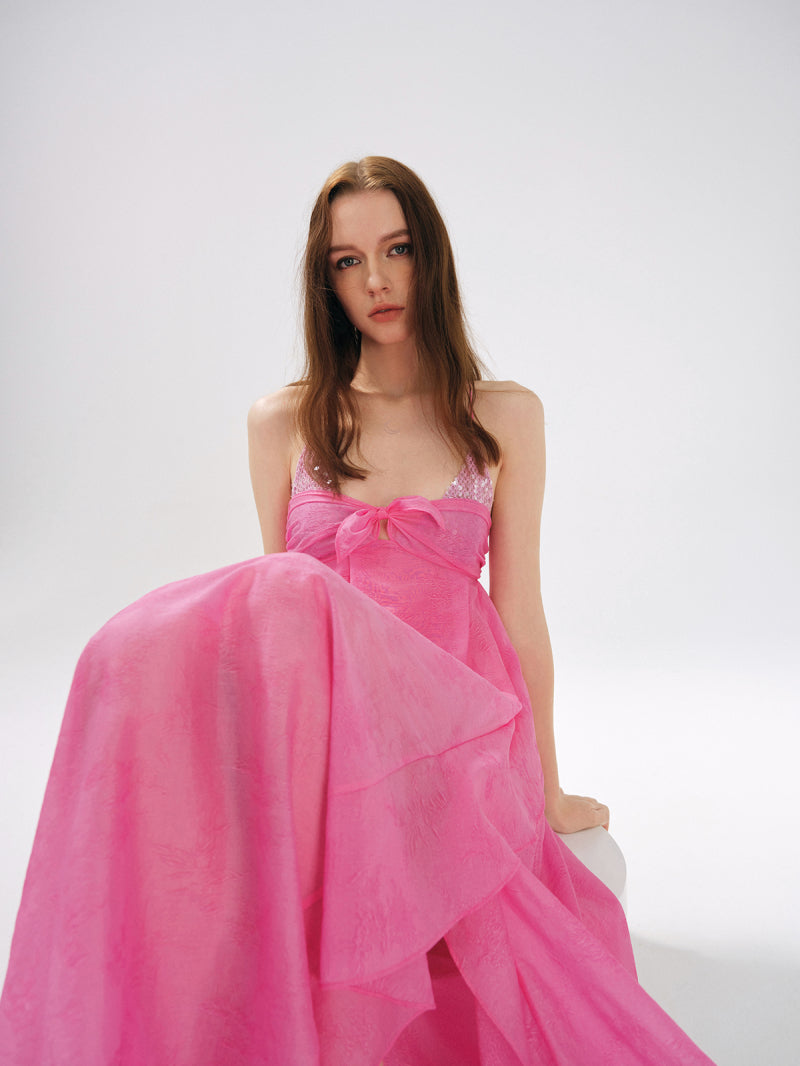 ROSE JACQUARD PATCHWORK RUFFLE TAILORED DRESS