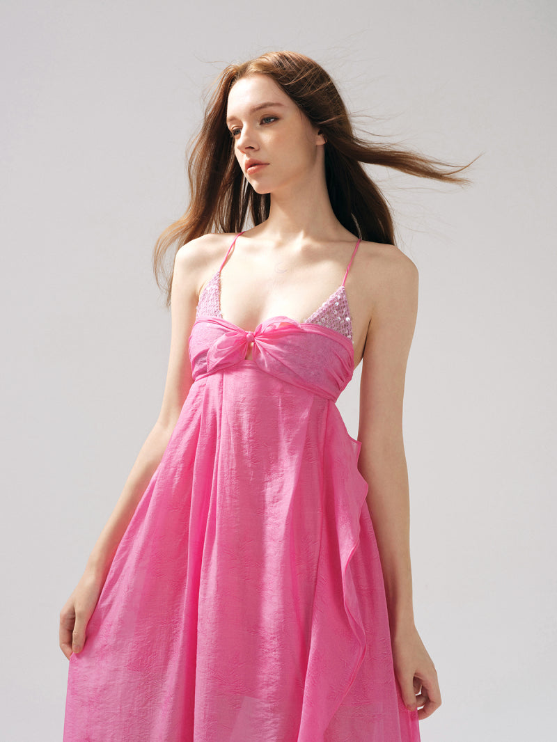 ROSE JACQUARD PATCHWORK RUFFLE TAILORED DRESS
