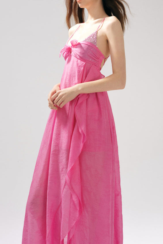 ROSE JACQUARD PATCHWORK RUFFLE TAILORED DRESS